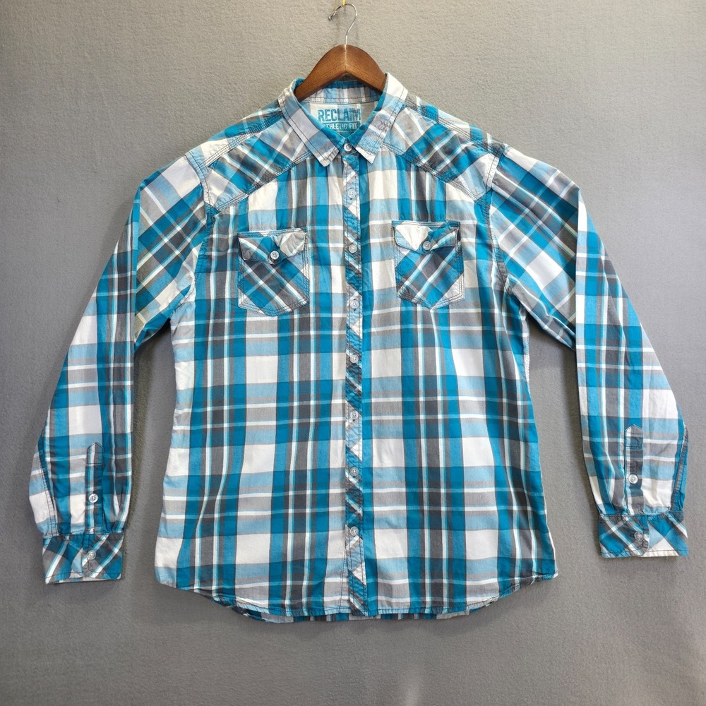 Reclaim Mens Athletic Fit Blue Plaid Long Sleeve Button Up Tagless Shirt Size XL